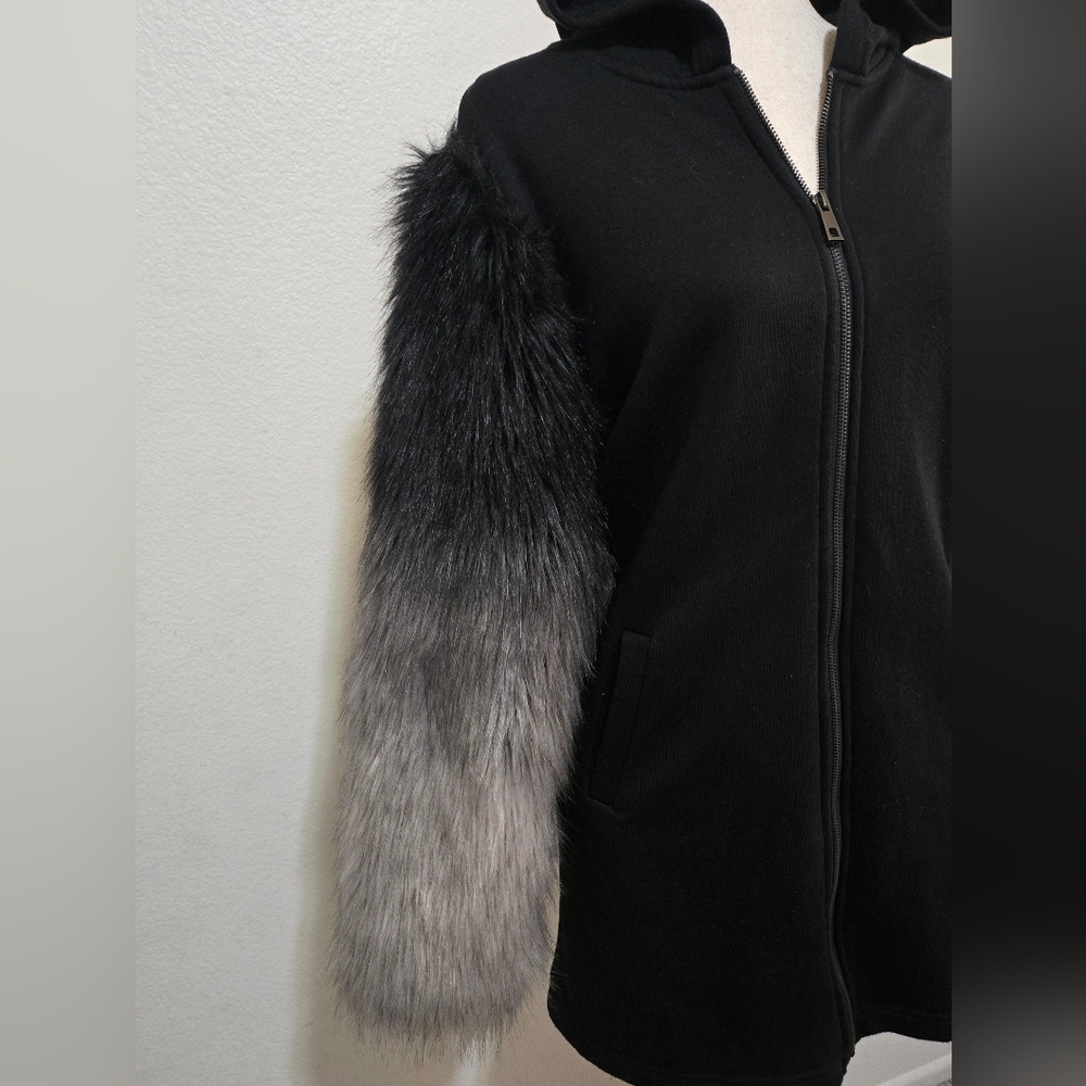 ZARA Black Zippered Hoodie Sweater Black Gray Ombre Faux Fur Sleeves Medium - Picture 6 of 15